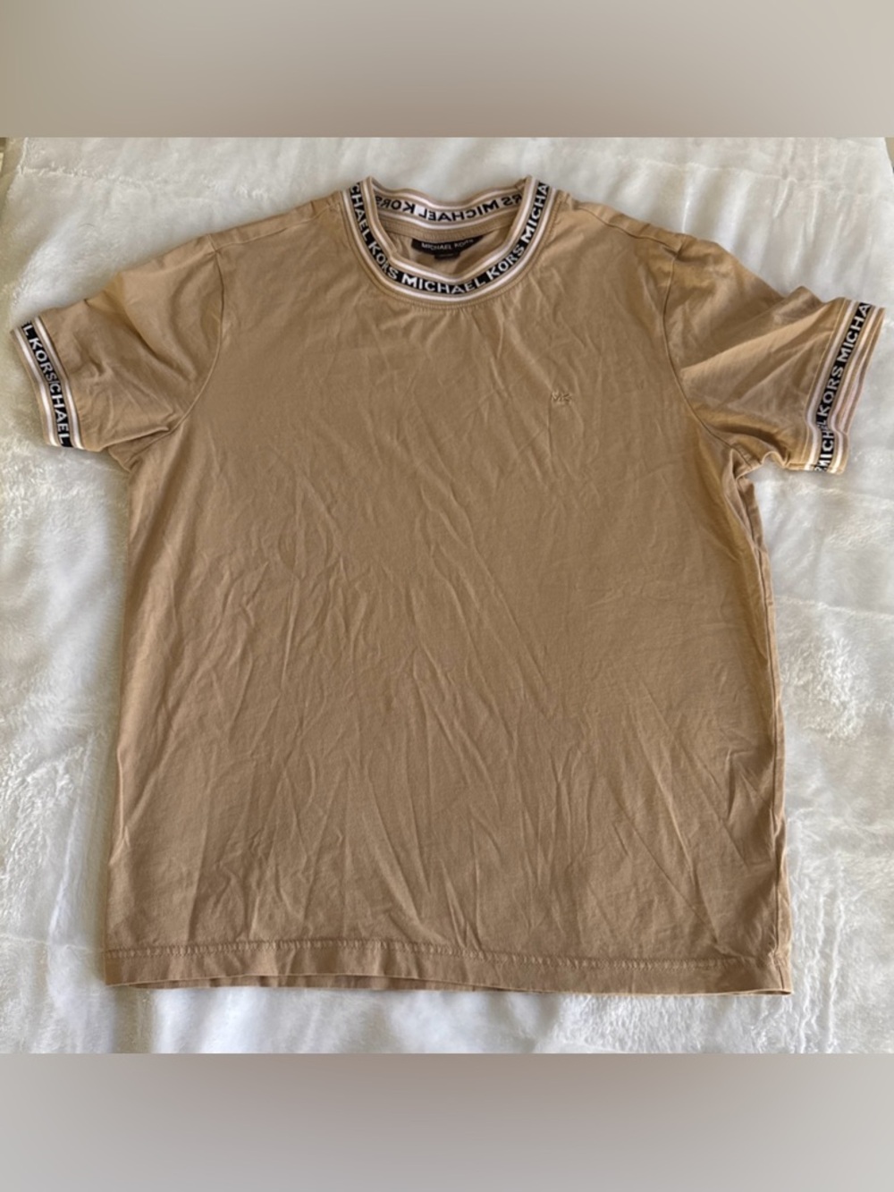 Michael Kors Short-Sleeve Logo Trim Tee in Tan Beige